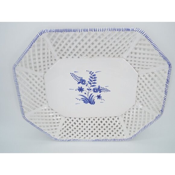 Vintage Hand Painted Blue and White Floral Platter Reticulated Lattice Portugal - Picture 1 of 11